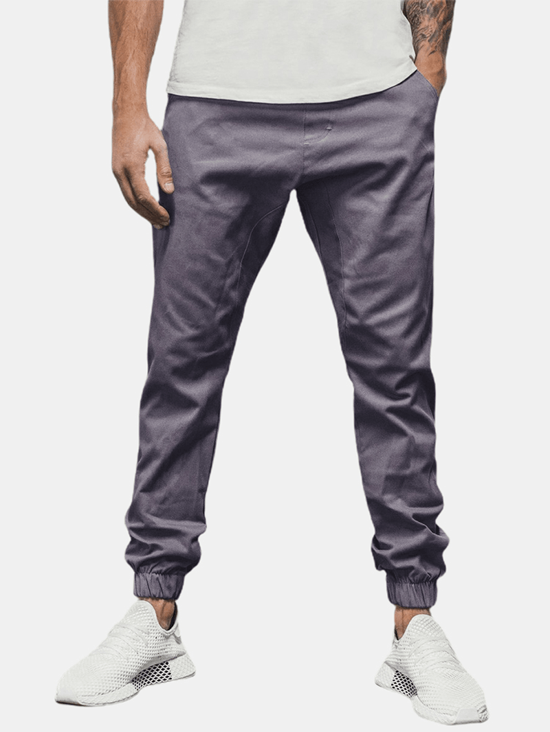 Mens Solid Color Casual Drawstring Pants with Pocket