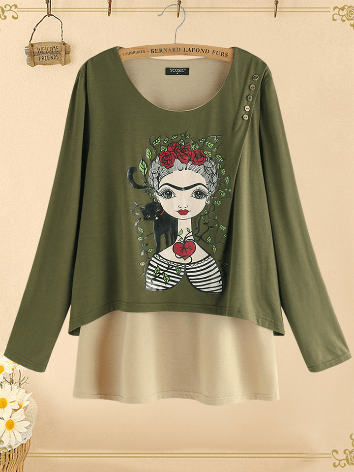 Print Girl Button Long Sleeve Vintage Blouse - MRSLM