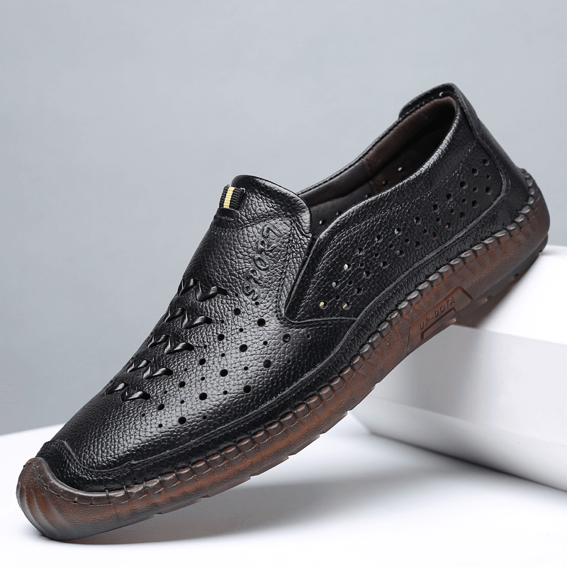 Men Cowhide Leather Hollow Out Breathable Soft Bottom Slip on Comfy Casual Shoes