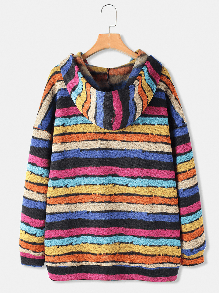 Women Half Button Colorful Horizontal Stripe Long Sleeve Casual Hoodies