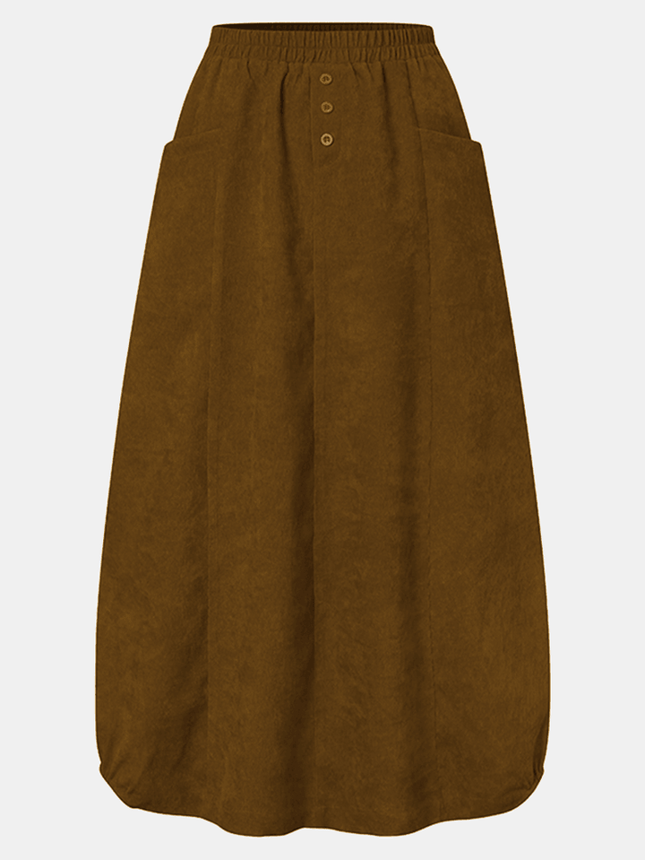 Women Corduroy Button Trim Elastic Waist Solid Retro Skirt with Pocket - MRSLM