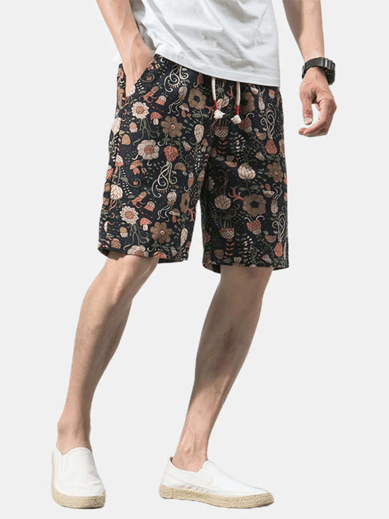 Cotton Mens Floral Print Pocket Drawstring Casual Shorts