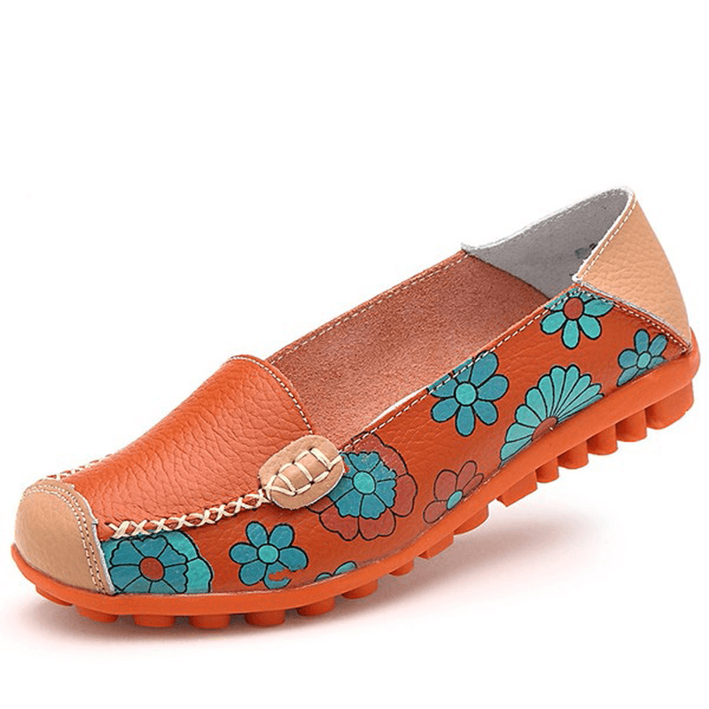 Big Size Women Flower Floral Leather Loafers Moccasins Flats Soft Ballet Shoes round Toe Flats - MRSLM