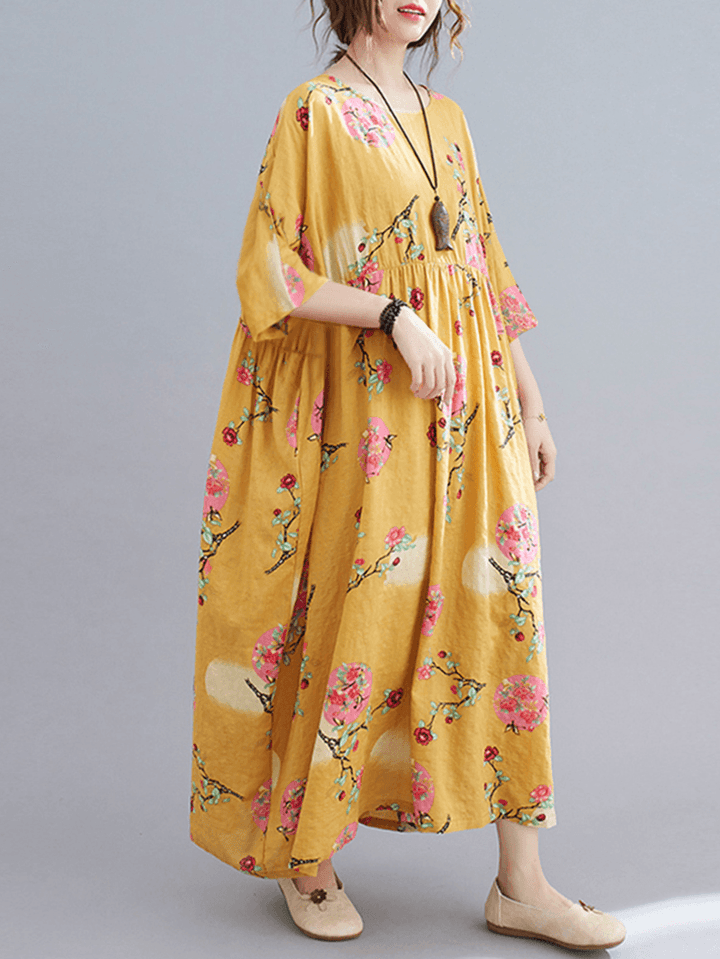 O-Neck Floral Loose Bohemian Casual Summer Dress for Women