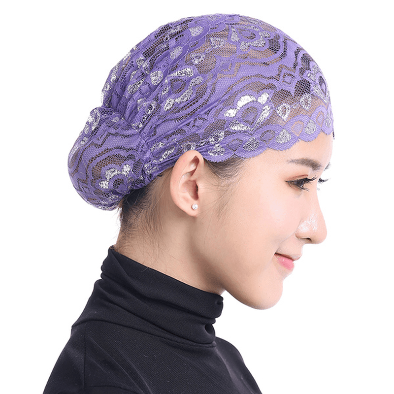 Women Shiny Lace Head Coverings Headscarf Hat Islamic Headwear Cap Scarf Hijab Undercaps - MRSLM