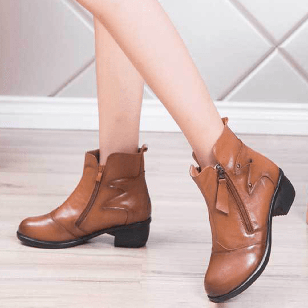 Zipper round Toe Leather Ankle Short Boots