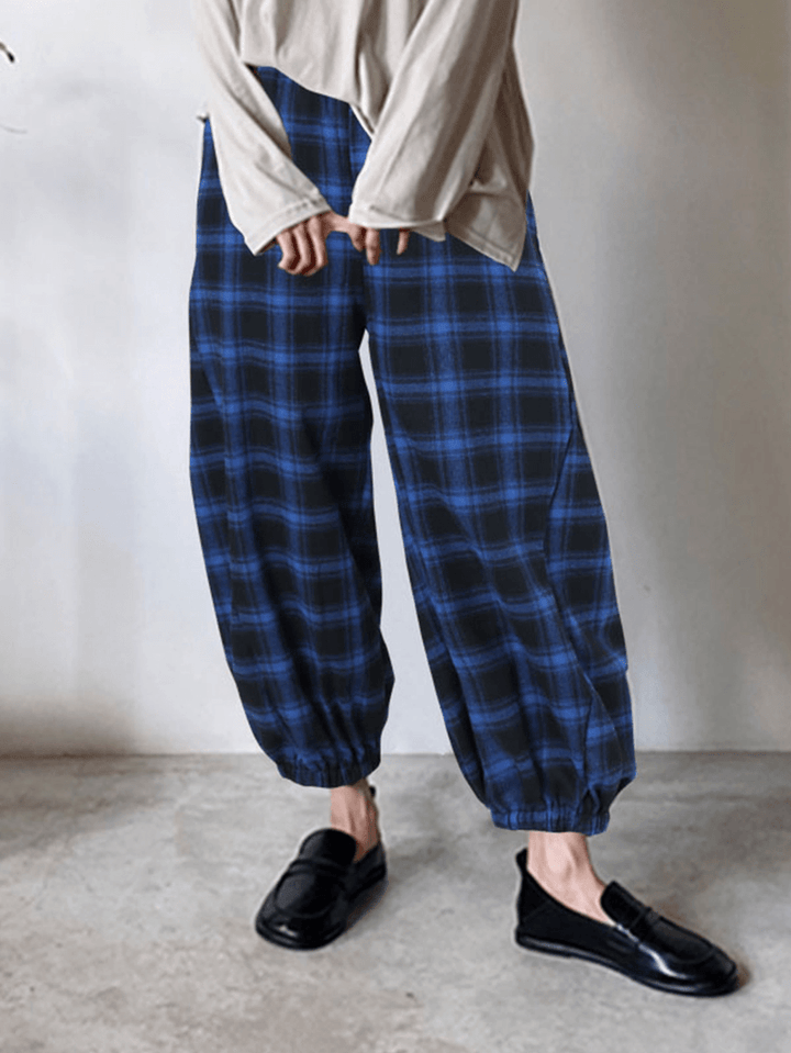 Women Plaid Print Elastic Waist Loose Stylish Beam Feet Pants Harem Pants with Pockets - MRSLM