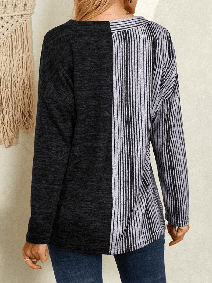 Women Striped Print Patchwork V-Neck Long Sleeve Casual Blouse