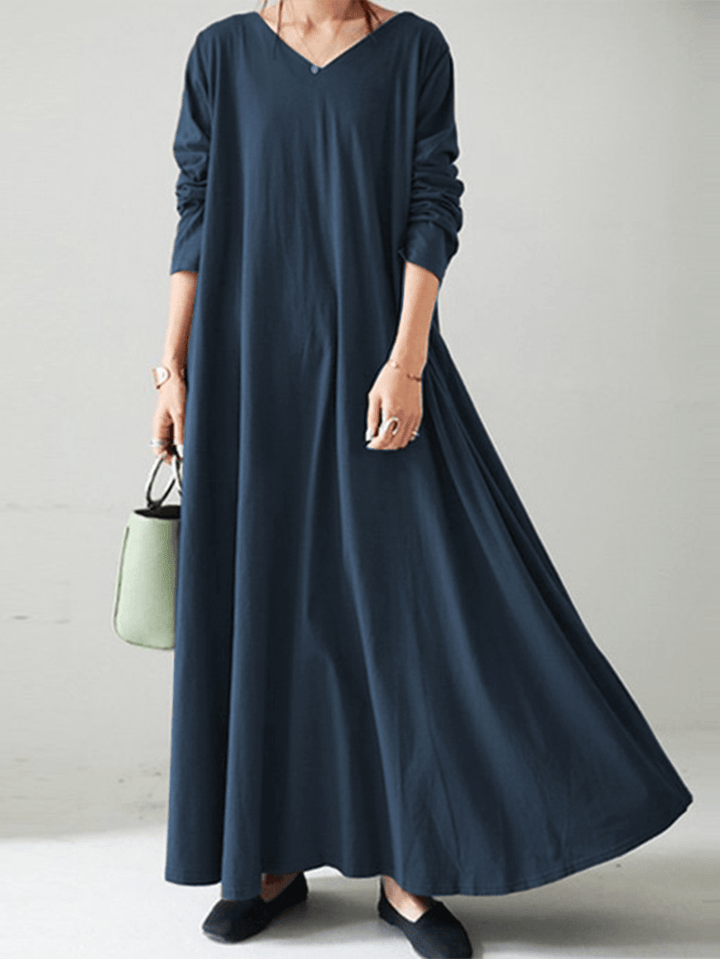 Women Casual Solid Color V-Neck Loose Long Sleeve Swing Maxi Dress - MRSLM