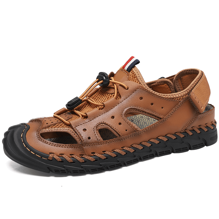 Men Cowhide Leather Breathable Mesh Hand Stitching Non Slip Soft Casual Outdoor Sandals