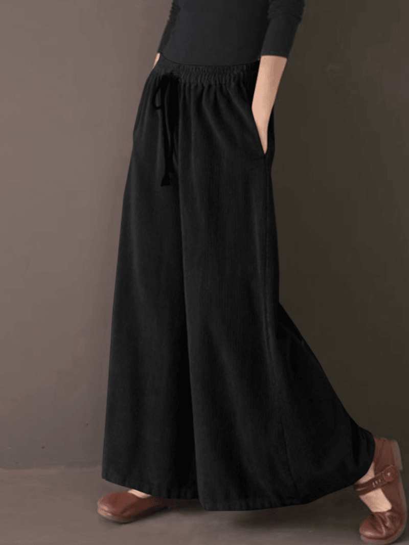 Women Retro Corduroy Solid Casual Drawstring Elastic Waist Wide Leg Pants with Pocket