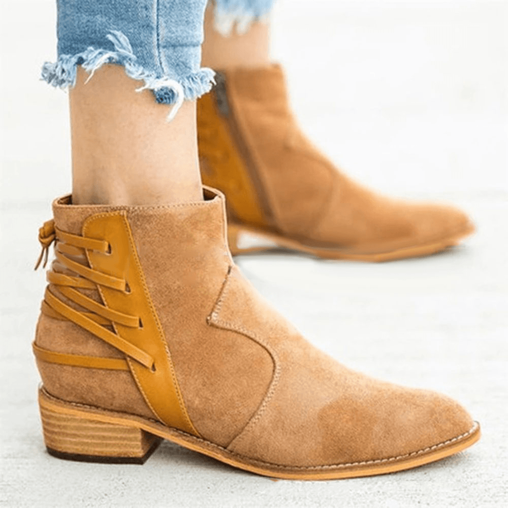 Large Size Women Back Cross Ribbon Sticting Zipper Ankle Boots