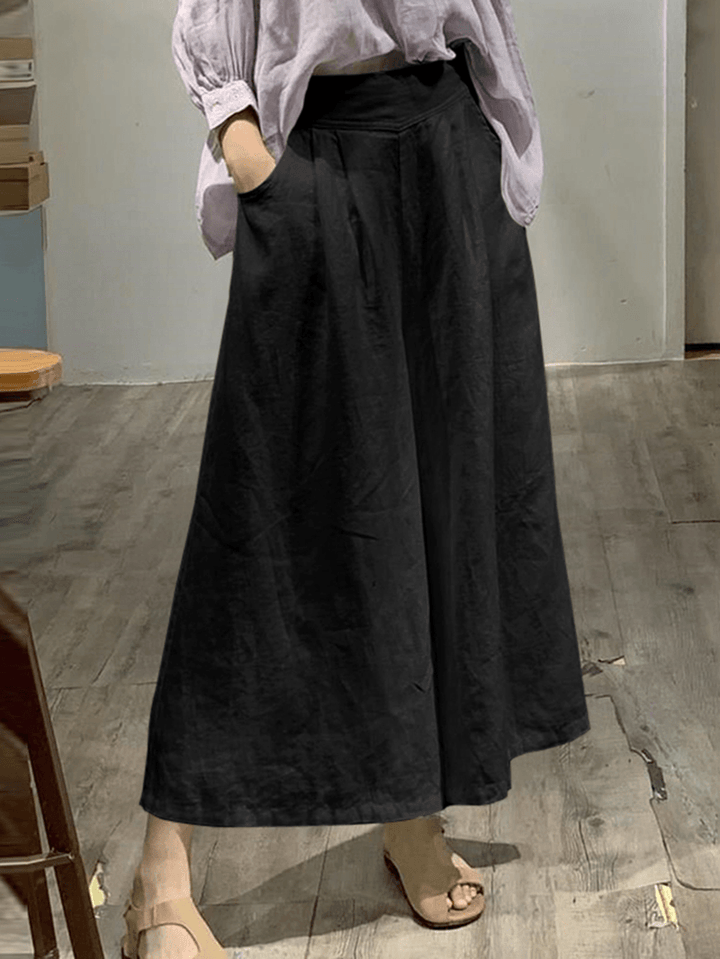 Women Cotton Elastic Waist Wide Leg Pants Casual Culottes with Pocket