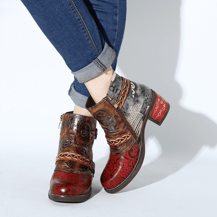 Women Embossed Rose Genuine Leather Splicing Boots