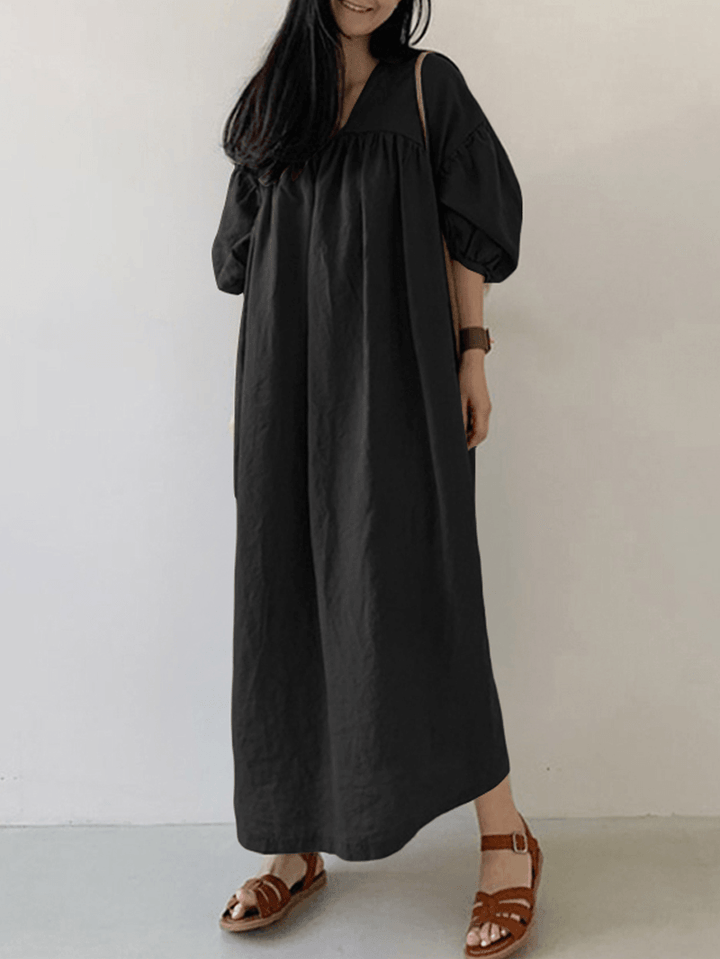 Women Cotton Solid Pleated Loose Puff Sleeve Maxi Dresses with Side Pockets