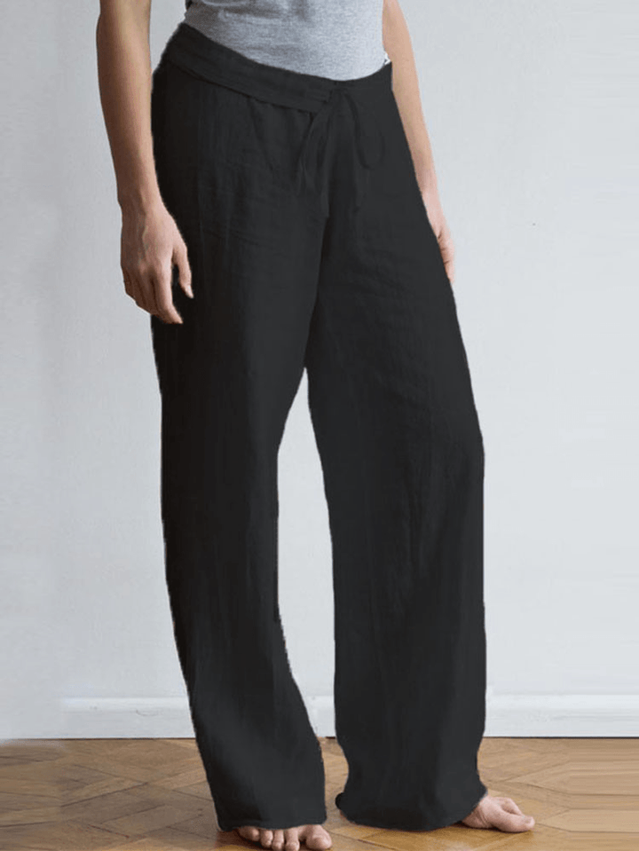 Women Elastic Waist Pockets Long Cotton Wide Leg Pants