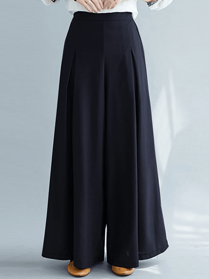 Women's Loose Fit Wide Leg Pants - Solid Color with Pleats, Pockets and Elastic Waist