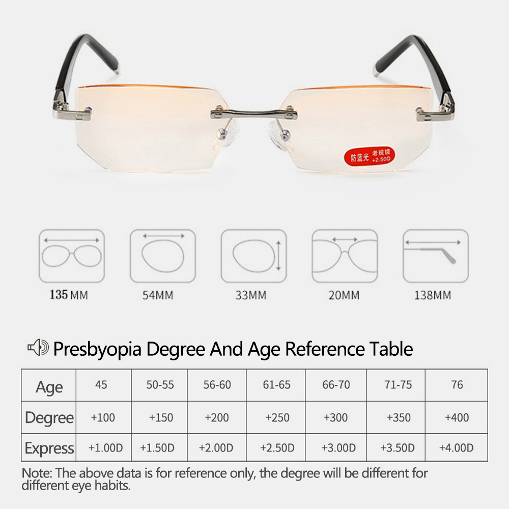 Unisex Anti-Blue Light Radiation Rimless Metal Presbyopia Glasses High-Definition Reading Glasses