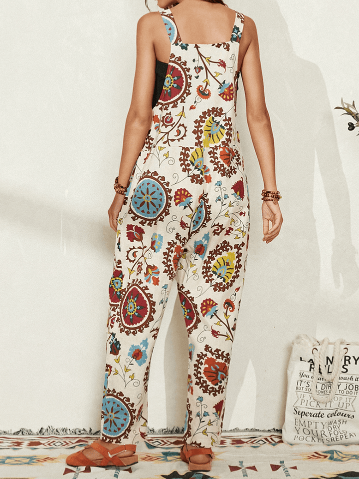 Women Ethnic Pattern Print Straps Casual Loose Jumpsuit with Pocket