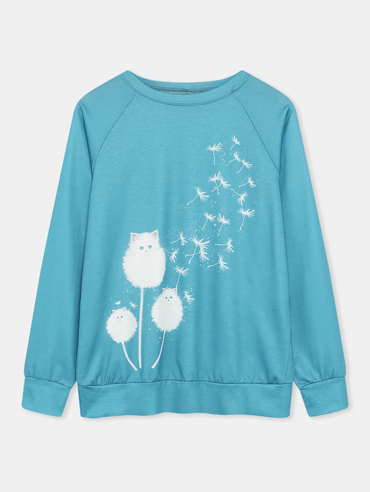 Women Cute Cat Dandelions Print round Neck Long Sleeve Casual Sweatshirt