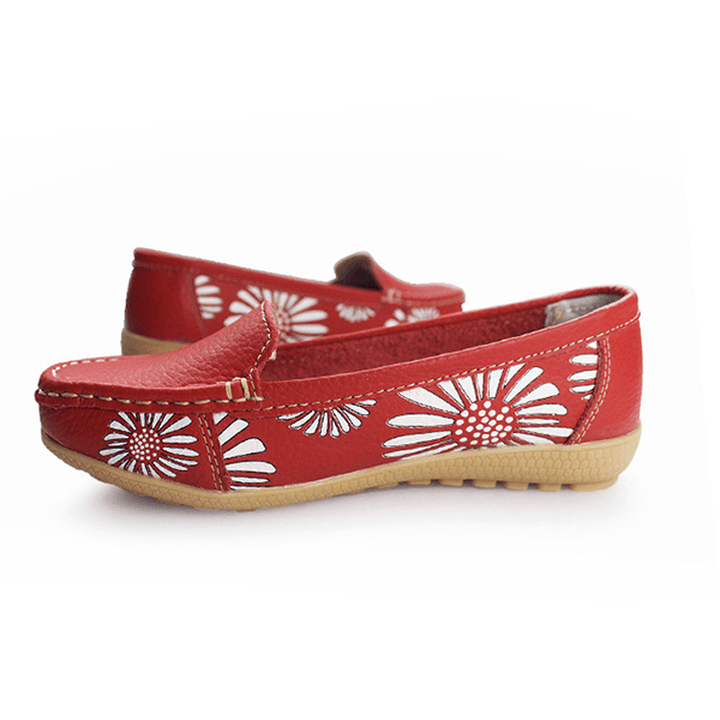 Women Flats Shoes Comfortable Slip-On Soft Casual Flower Floral Leather Loafers Flats Shoes