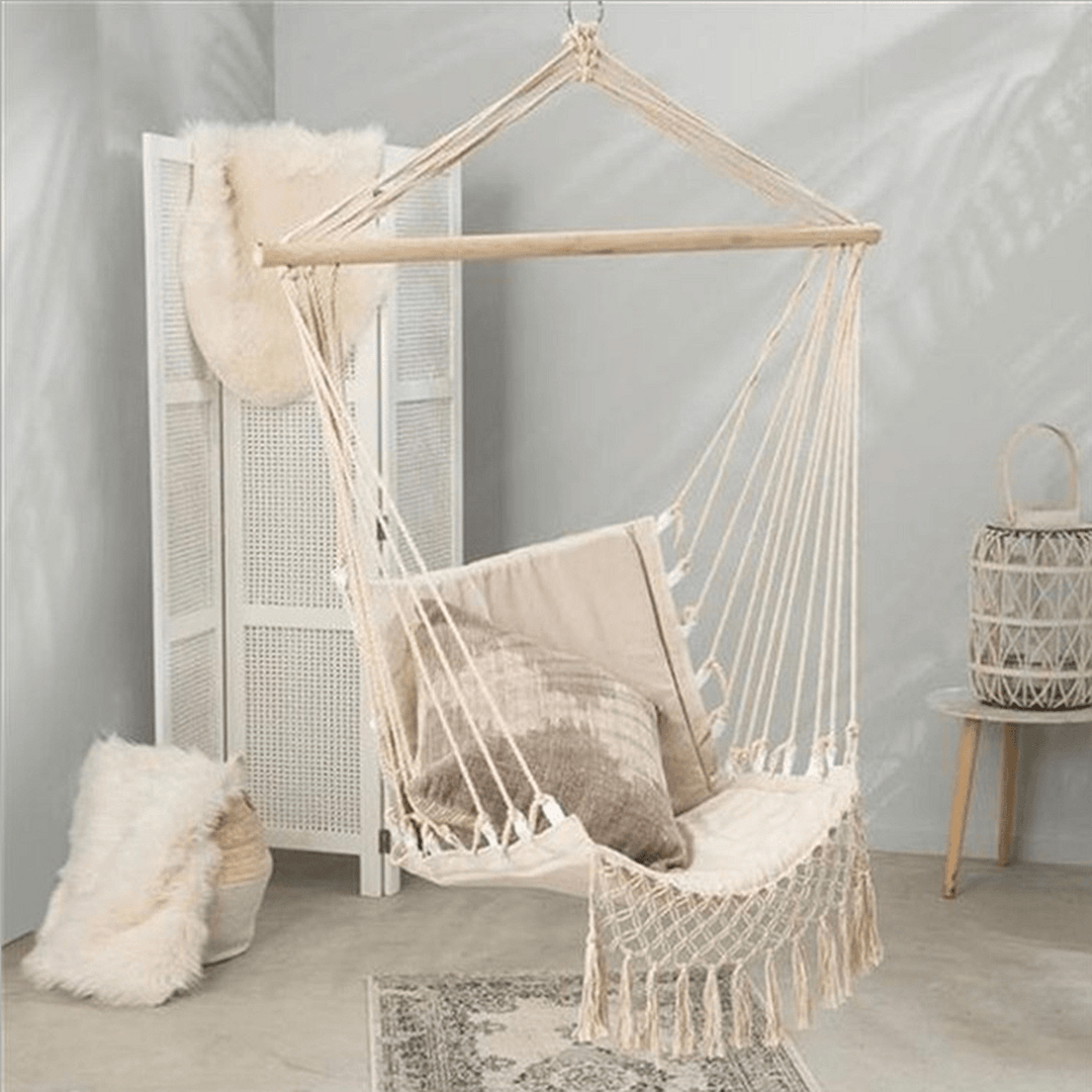 Hammock Cotton Swing Camping Hanging Rope Chair Wooden Beige Tasse Patio