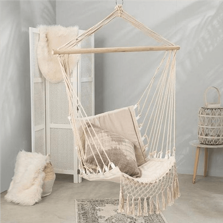 Hammock Cotton Swing Camping Hanging Rope Chair Wooden Beige Tasse Patio