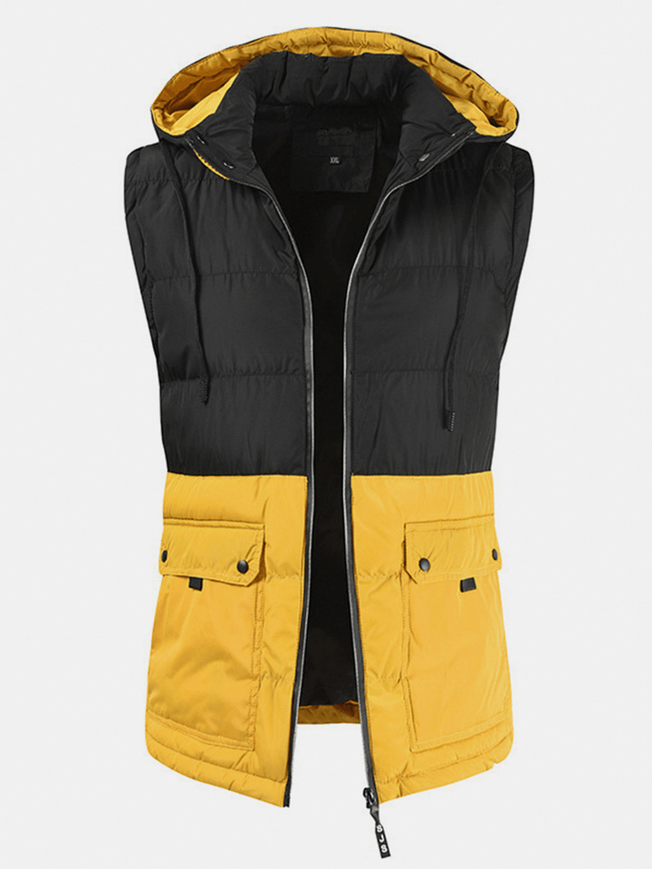 Mens Patchwork Cotton Zipper Casual Thick Warm Detachable Hooded Vest