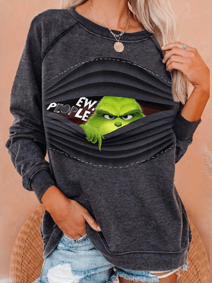 Women Funny Cartoon Print Pullover Long Sleeve Sweatshirts