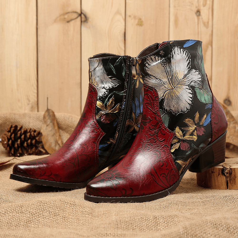 Women Retro Embossed Flowers Stitching Leather Ankle Boots