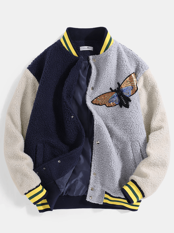 Mens Butterfly Sequins Applique Patchwork Pocket Baseball Collar Teddy Jacket