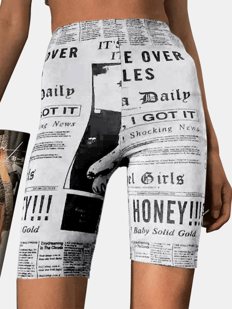 Casual Newspaper Print High Waist Shorts Sport Leggings for Women