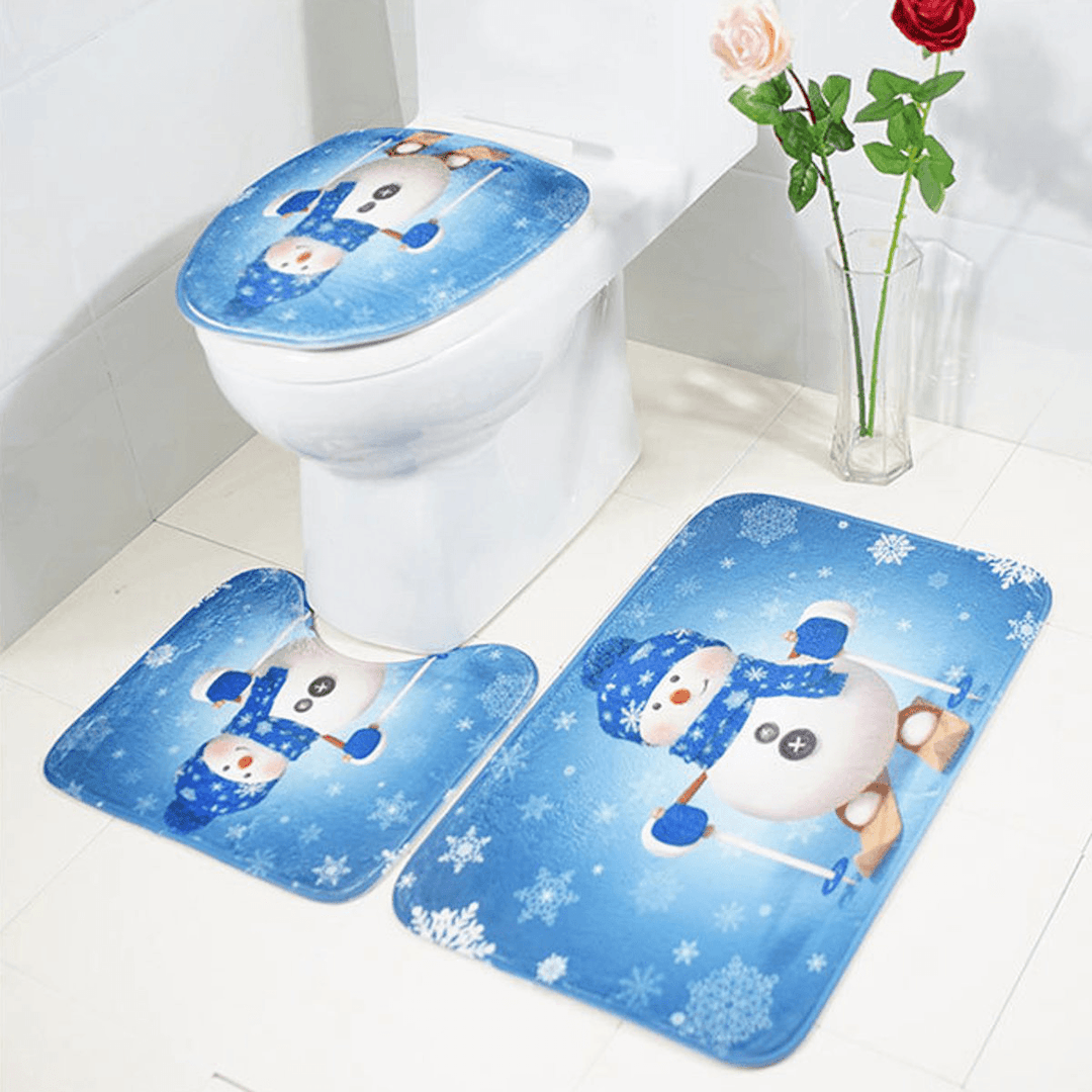 3Pcs Set Christmas Snowman Toilet Seat Covers Bathroom Carpet No-Slip Rug Xmas Decor