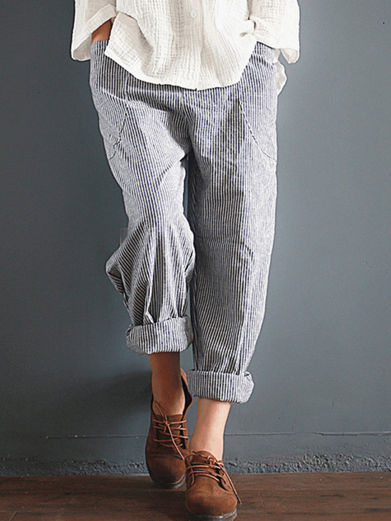 S-5XL Casual Stripe Pocket Elastic Waist Women Harem Pants