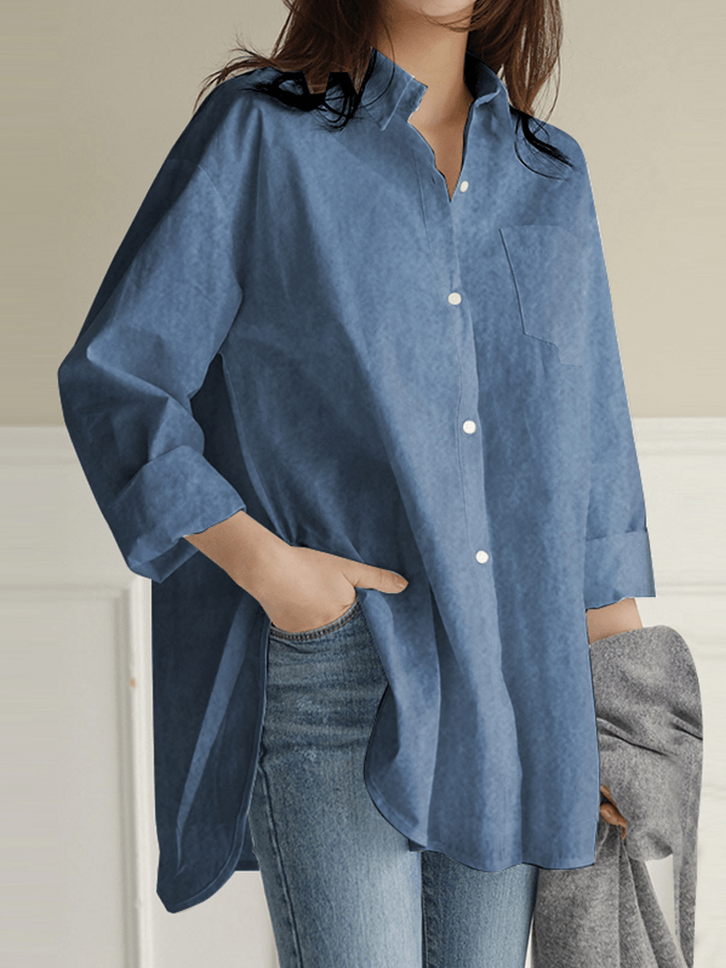 Women's Solid Color Denim Shirt with Irregular Hem and Chest Pocket