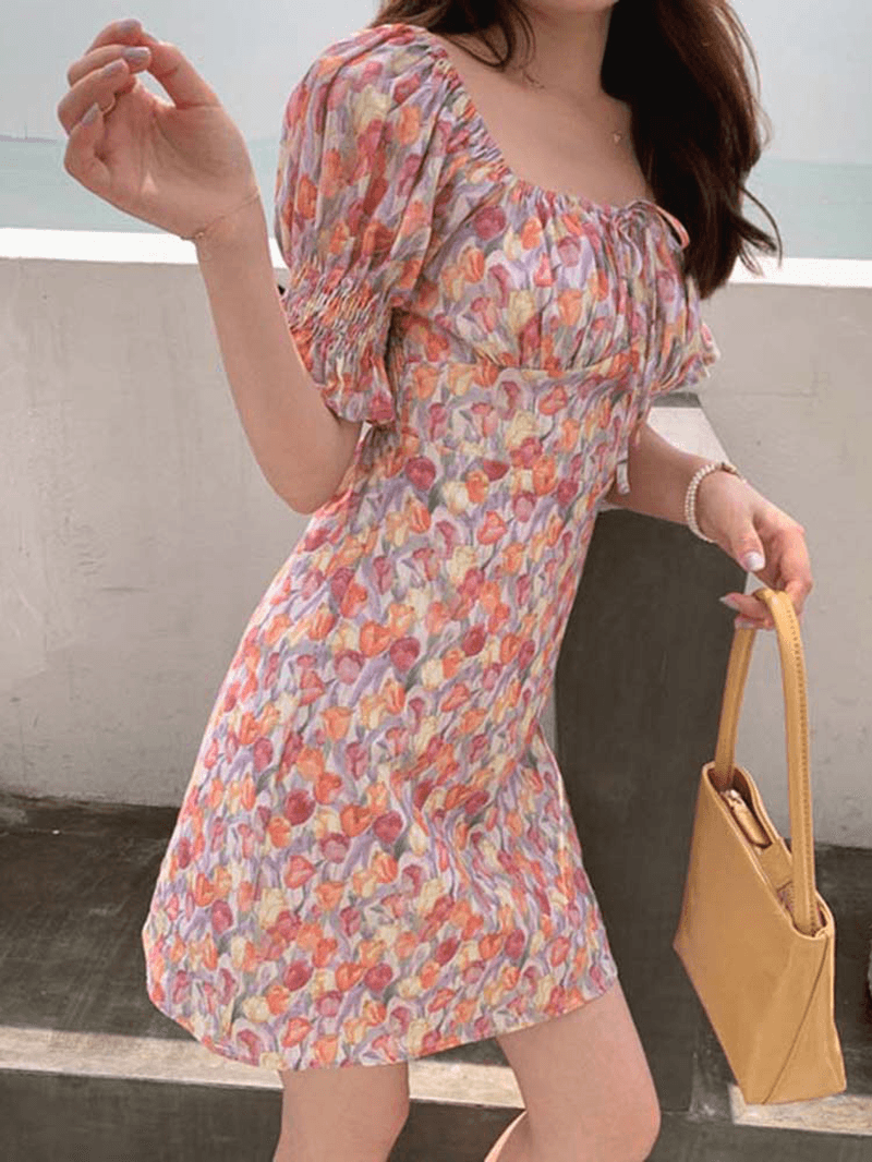 Puff Sleeve Printing Leisure Summer Holiday Dress for Women