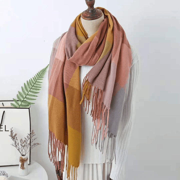 Cashmere Check Scarf Mid-Length Thick Warmth Tassel Shawl