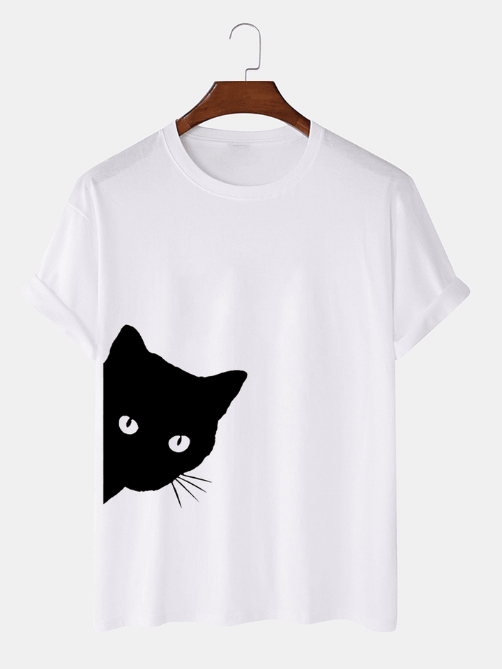 Mens 100% Cotton Cute Cartoon Cat Print Breathable Casual Short Sleeve T-Shirts