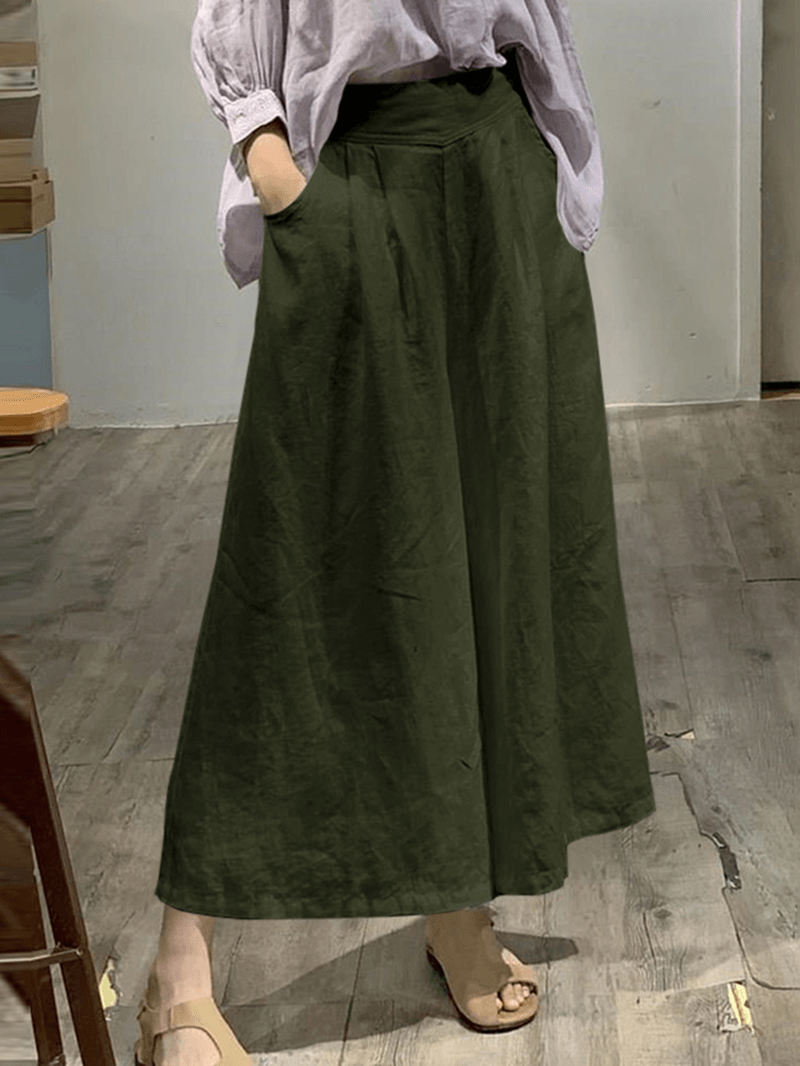 Women Cotton Elastic Waist Wide Leg Pants Casual Culottes with Pocket