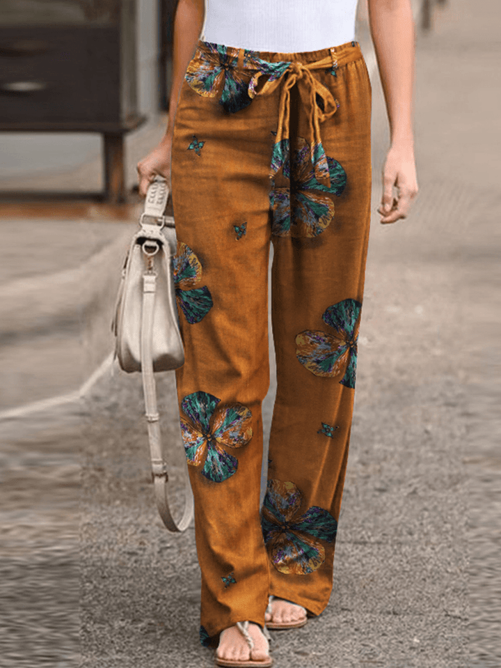 Women Vintage Print Lace-Up Elastic Waist Wide-Legged Pants with Side Pockets