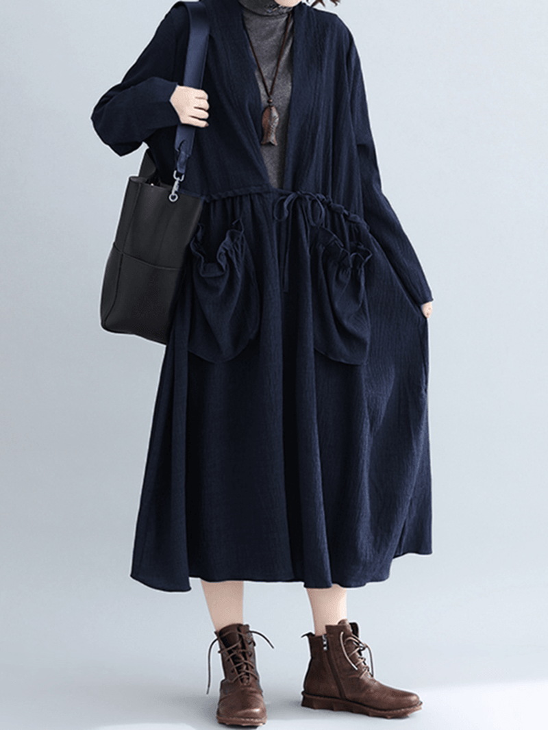 Women Pure Color Cotton Loose Long Sleeve Pockets Trench