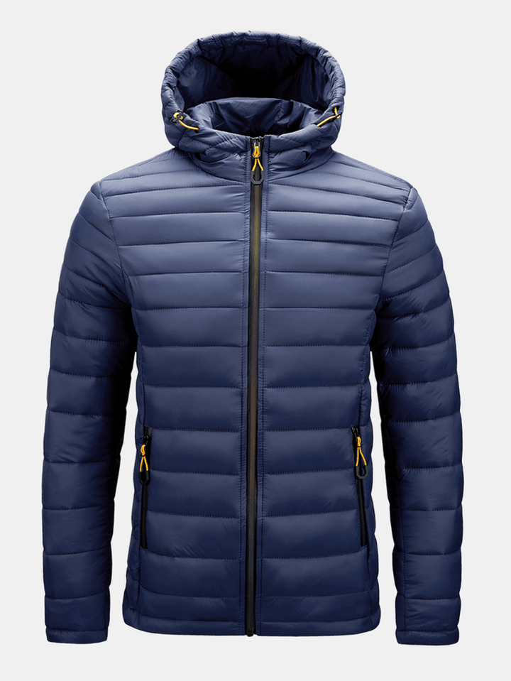 Mens Solid Color Thick Zipper Simple Hooded down Jacket