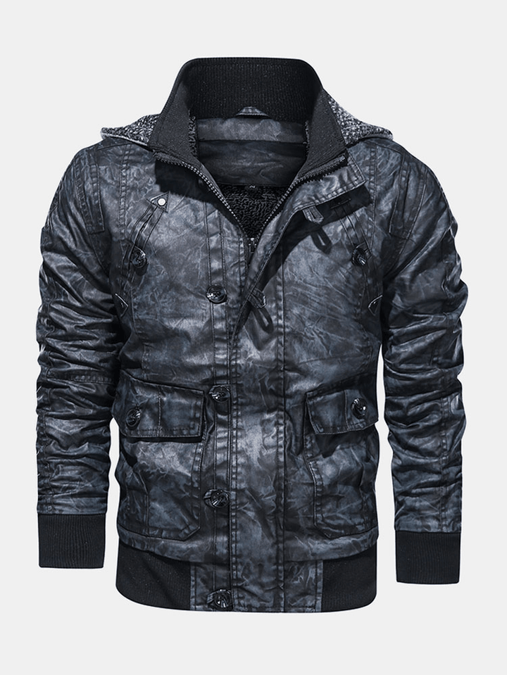 Mens Hooded Pocket PU Leather Motorcycle Jacket