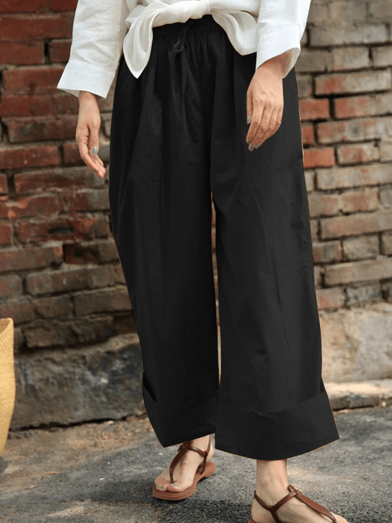 Women Casual Drawstring Waist Solid Holiday Vintage Wide Leg Pants with Pockets - MRSLM