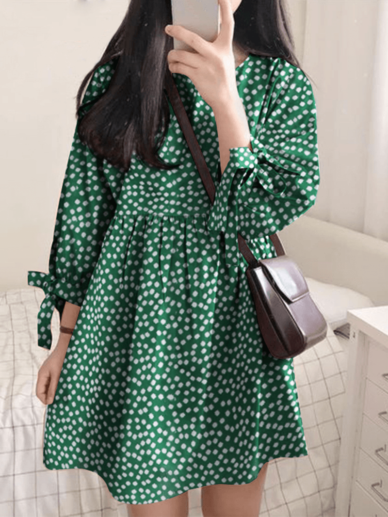 Women Cotton Polka Dot Pleat round Neck Loose Casual Mini Dress