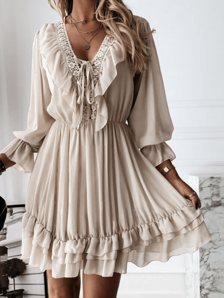 Solid Pleating Leisure Long Sleeve Casual Dress for Women - MRSLM