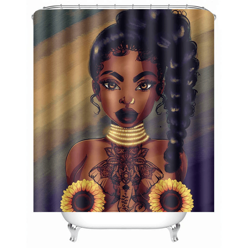 African Black Woman Girl Bathroom Shower Curtain Toilet Cover Pedestal Decor Set - MRSLM