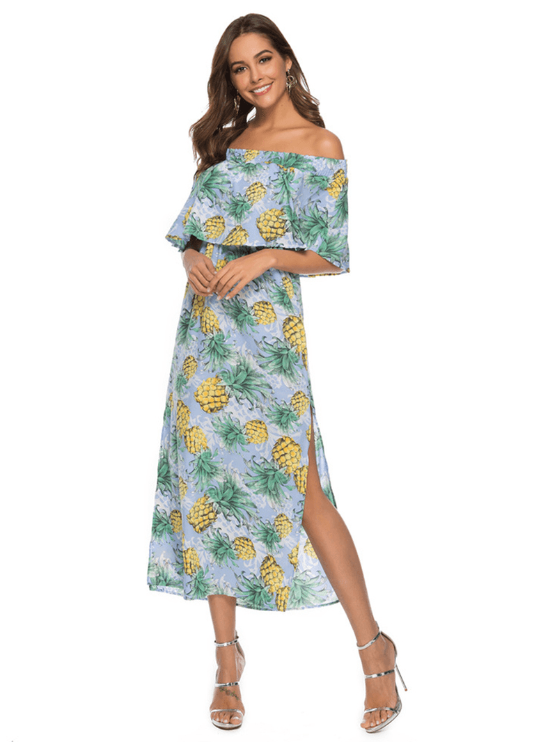 Women off Shoulder Floral Print Split Causal Midi Dress