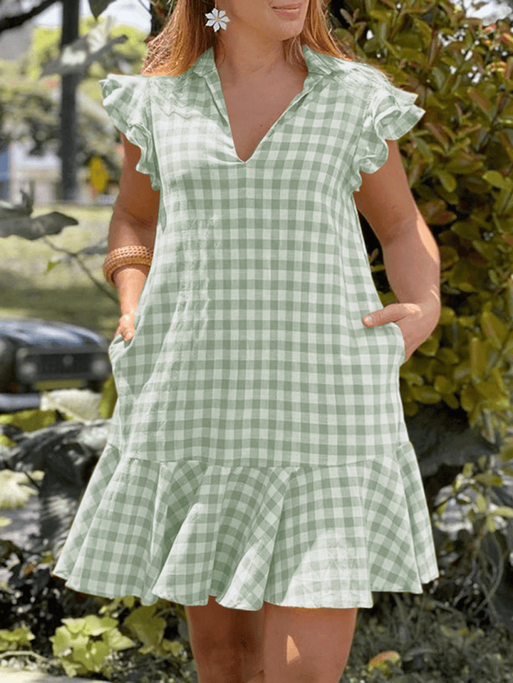 Lapel Plaid Ruffles Side Pocket Summer Dress for Women