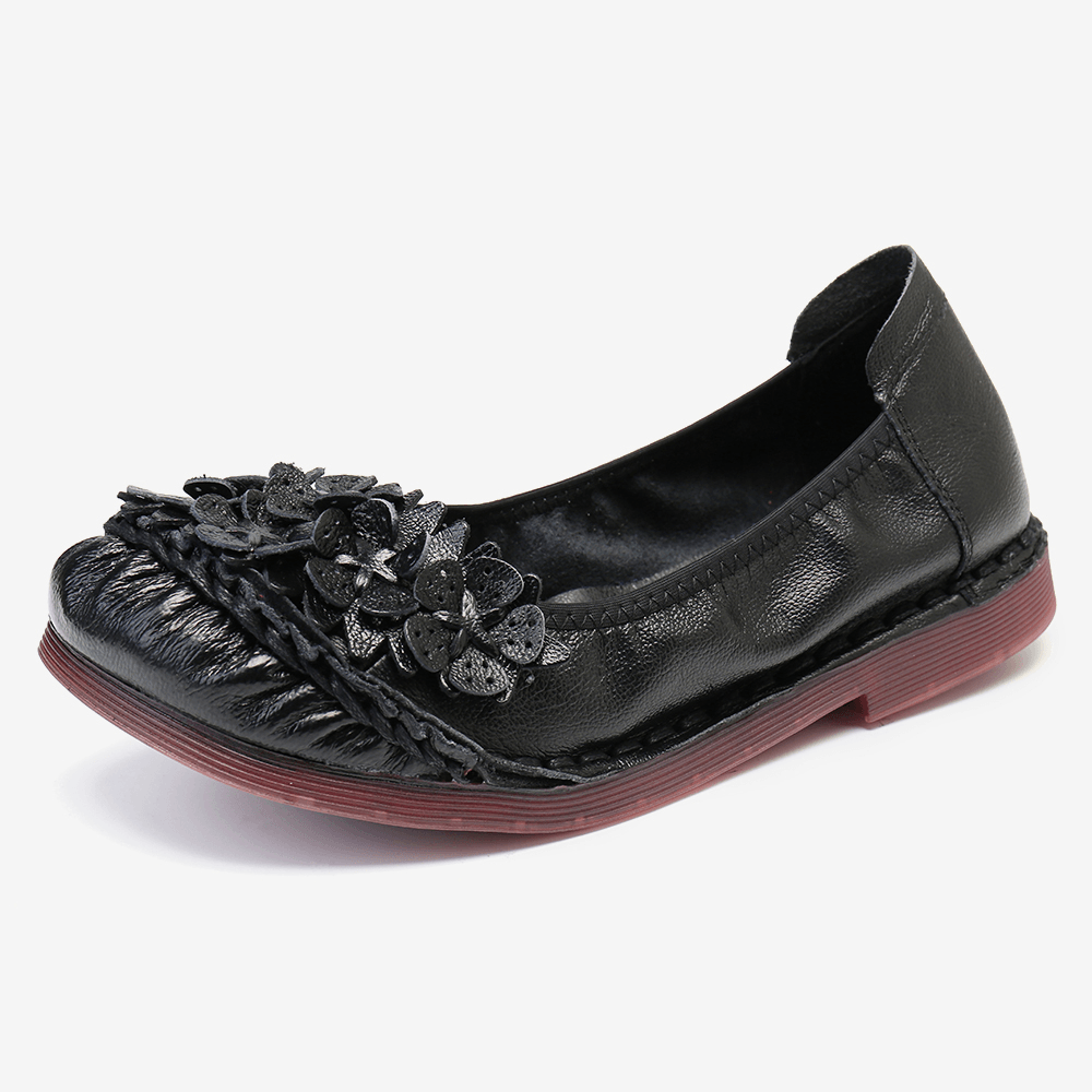 Women'S Solid Color Floral Pleated Soft Flat Driving Shoes - MRSLM